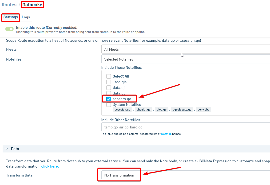 Notehub Route Setup