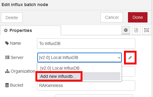 NodeRED edit InfluxDB connection