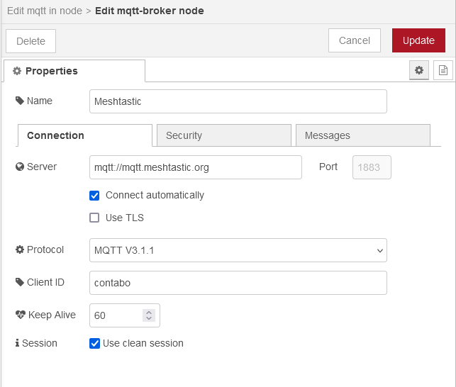 NodeRED MQTT broker connection