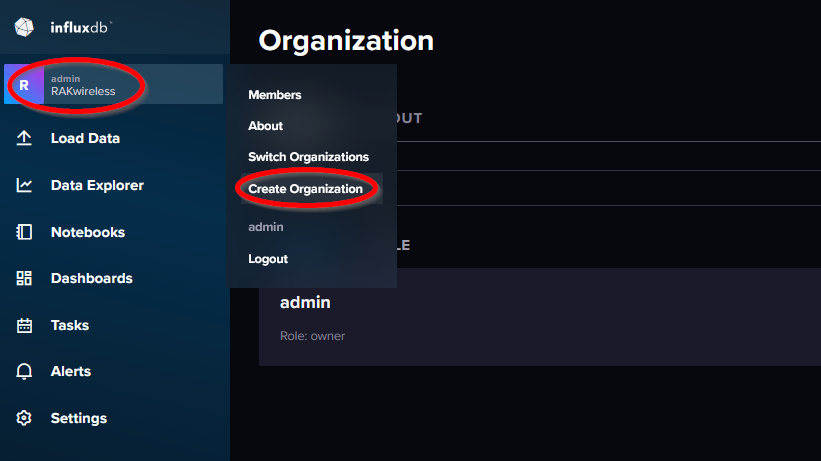 influxDB create new organization